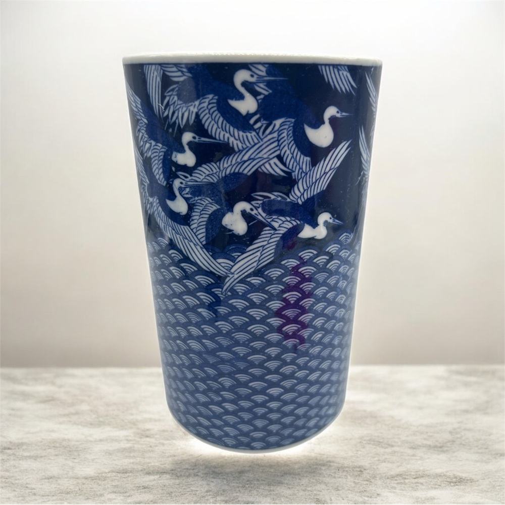 Vintage Japan Takahashi Ceramic Porcelain Blue Cranes Vase, 8” Tall & 4.5” blue